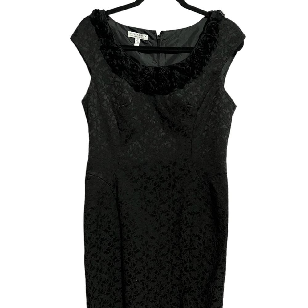London Style Black Floral Jacquard Midi Dress with Rosette Neckline